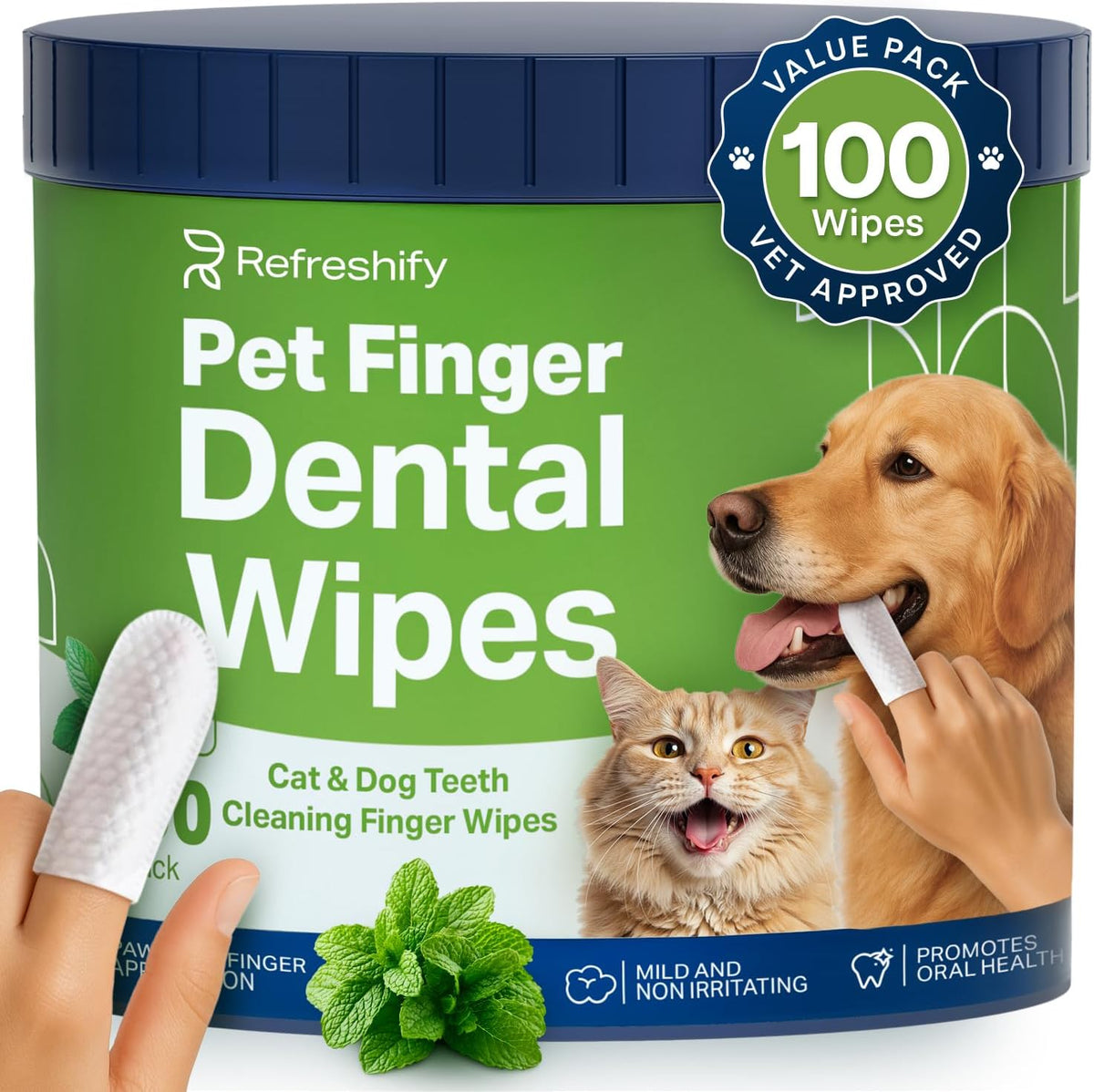Refreshify Fresh Mint Dental Wipes for Dogs & Cats – 100 Count