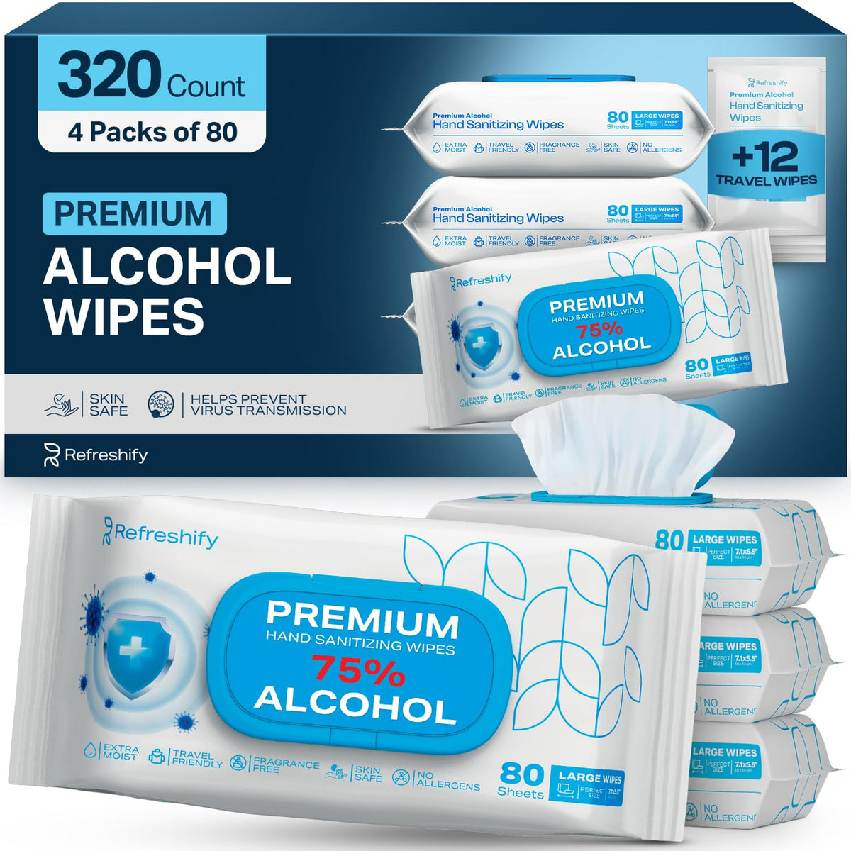 Refreshify 75% Alcohol Wipes – 320 Count + 12 Travel Wipes