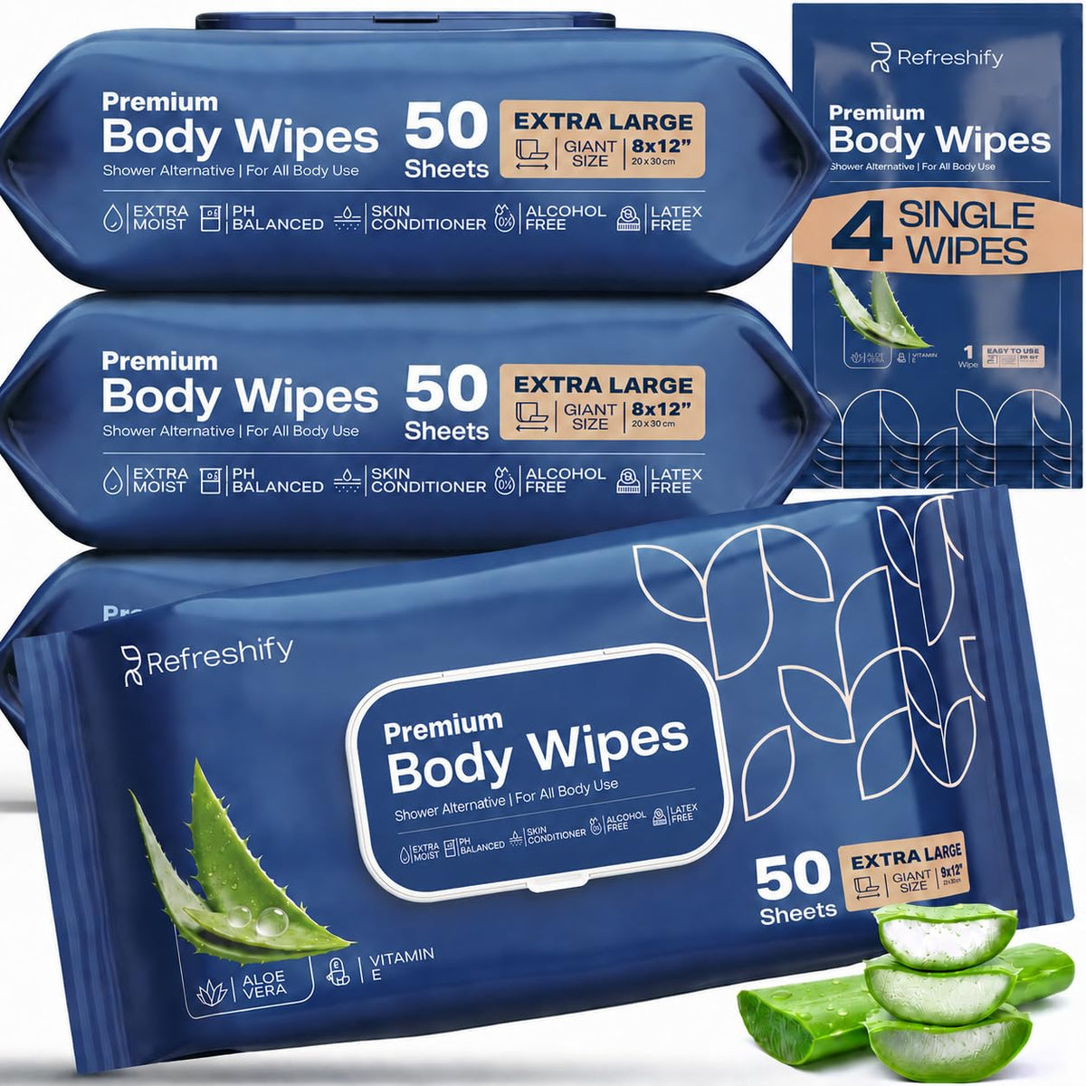 Refreshify XL No-Rinse Body Wipes – 200 Count, 12" × 8"