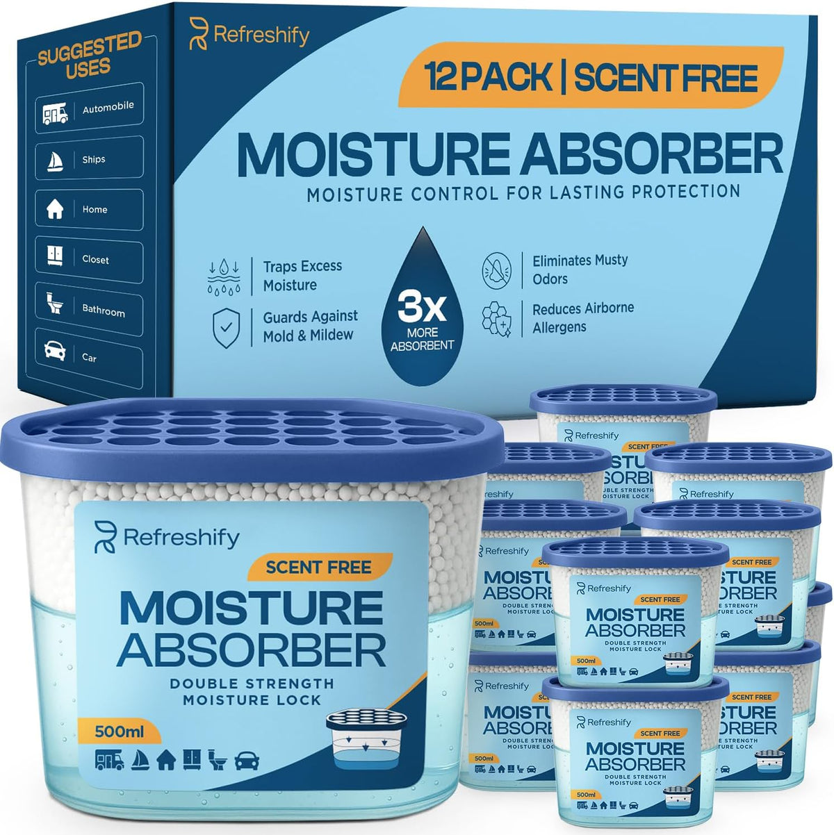 Refreshify Fragrance-Free Moisture Absorber Tubs – 12 Pack, 7.5 oz