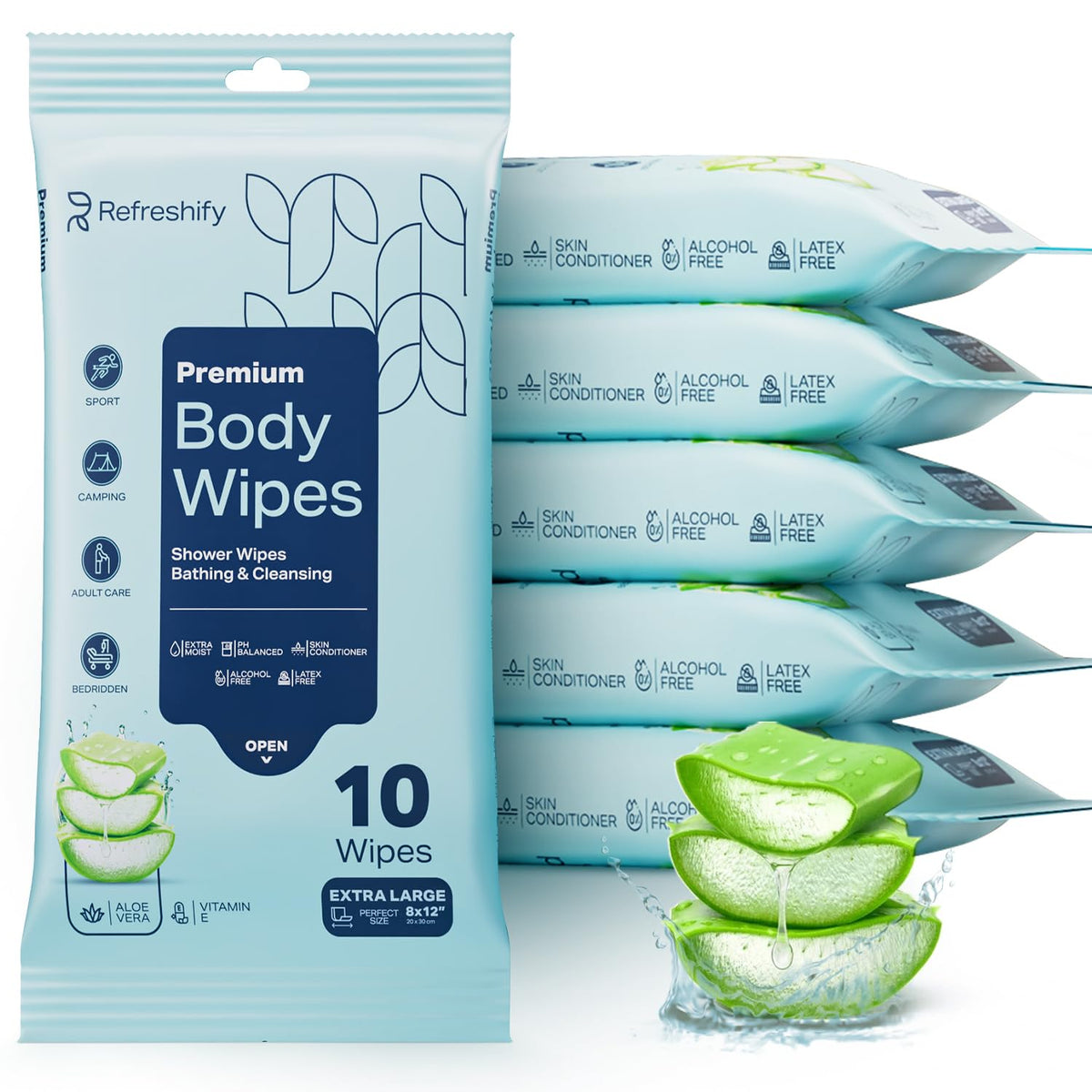 Refreshify XL No-Rinse Body Wipes – 60 Count, 12" × 8", Aloe Vera & Vitamin E
