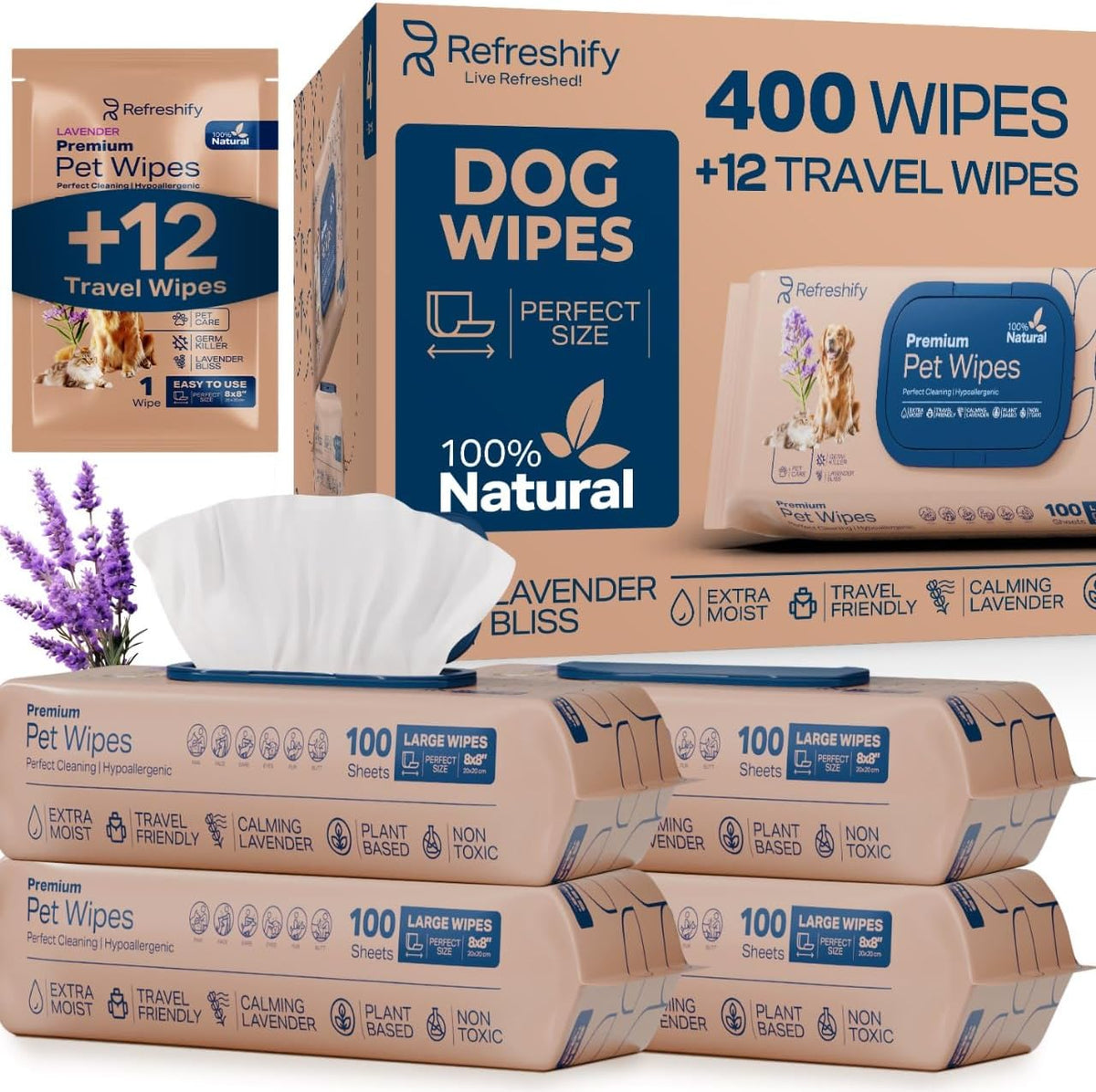 Refreshify Lavender Dog Wipes – 400 Count + 12 Travel Wipes