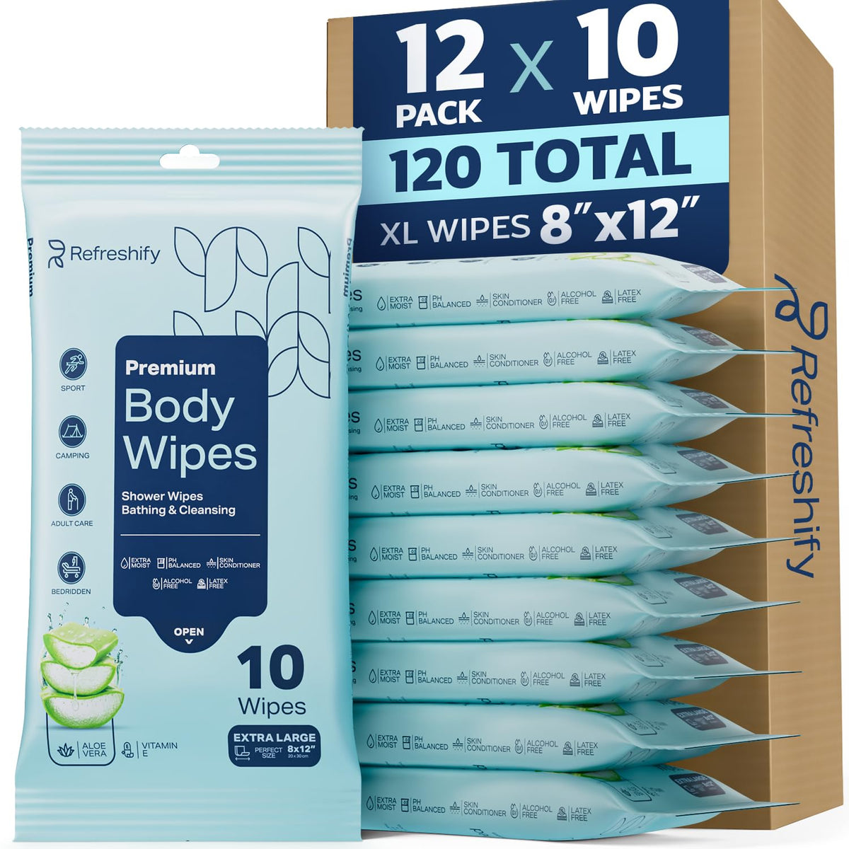 Refreshify XL No-Rinse Body Wipes – 120 Count, 12" × 8"