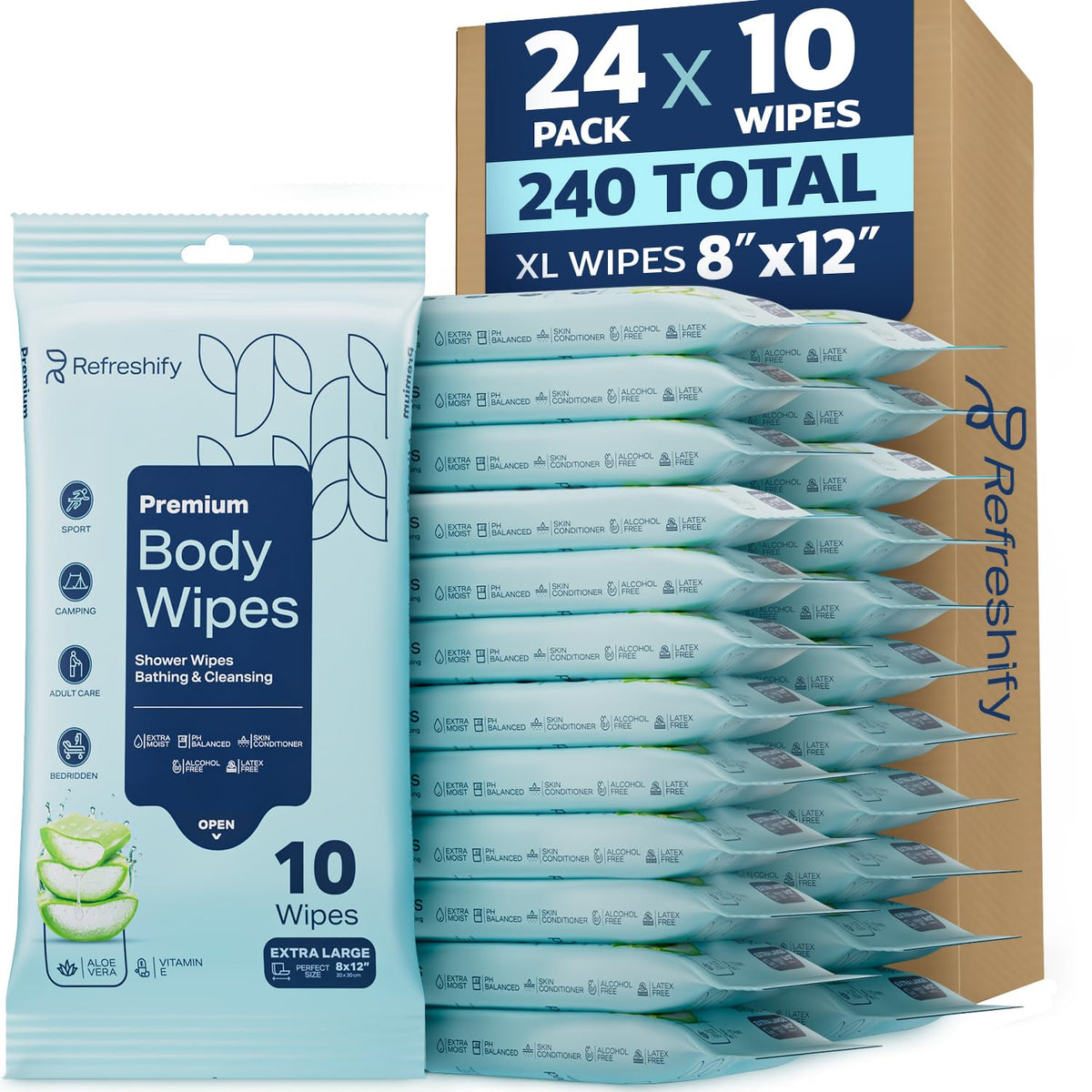 Refreshify XL No-Rinse Body Wipes – 240 Count, 12" × 8"