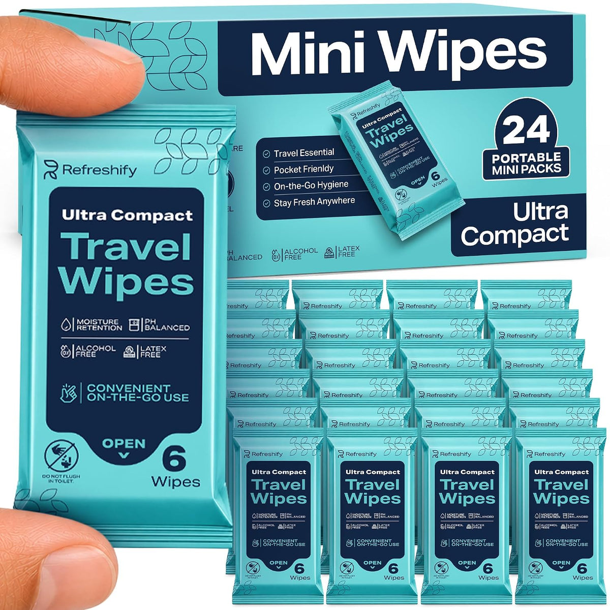 Refreshify Mini Water Wipes – 144 Count, 24 Travel Packs