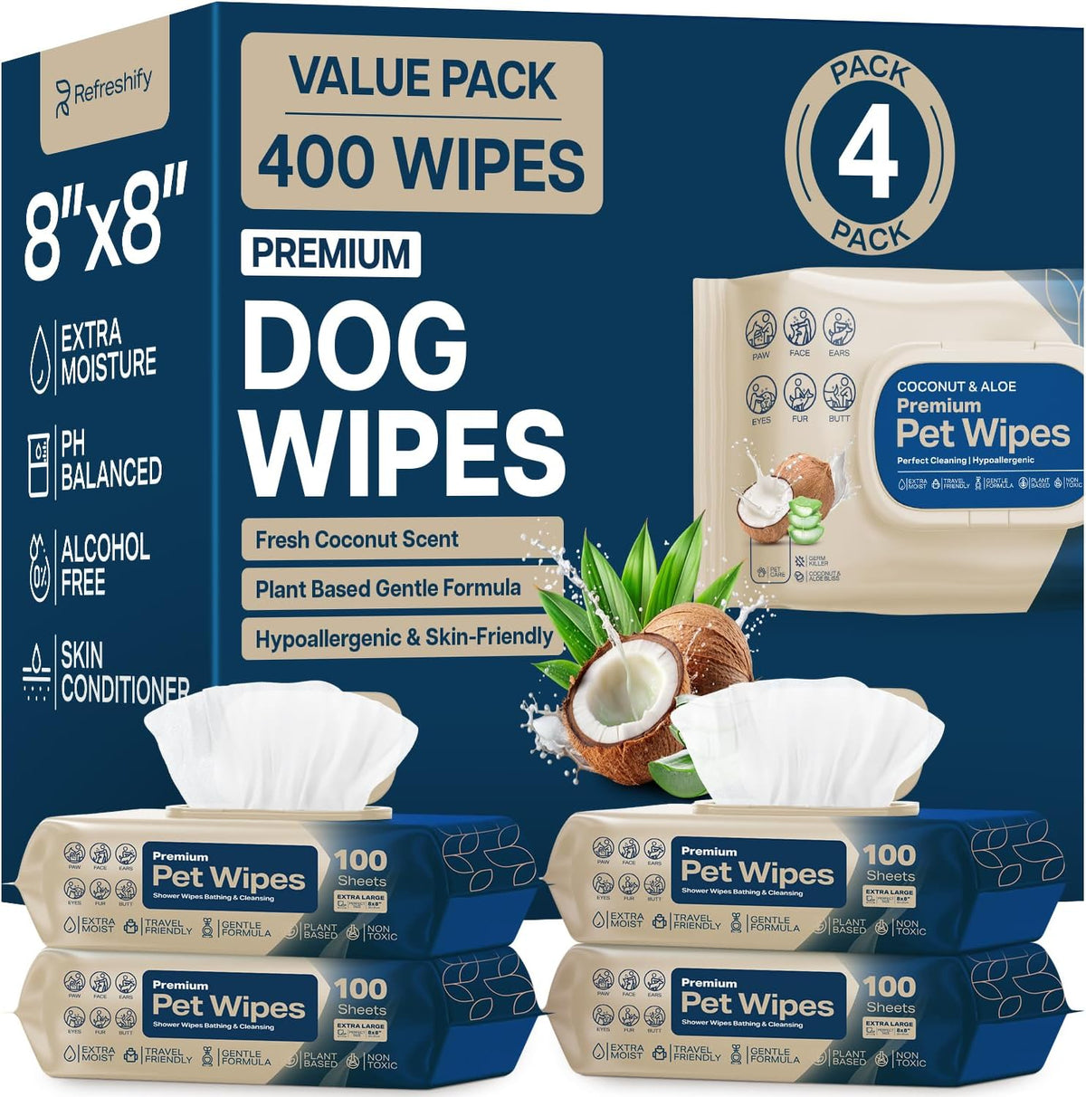 Refreshify Coconut Dog Wipes – 400 Count
