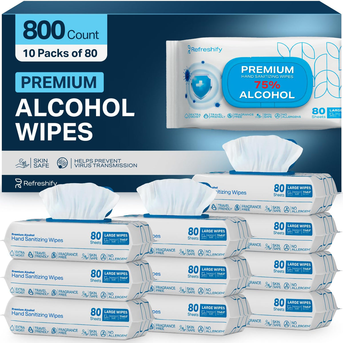 Refreshify 75% Alcohol Wipes – 800 Count, 7.1" × 5.5"