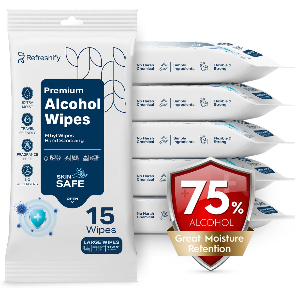 Refreshify 75% Alcohol Hand Wipes – 90 Count, 6 Travel Packs