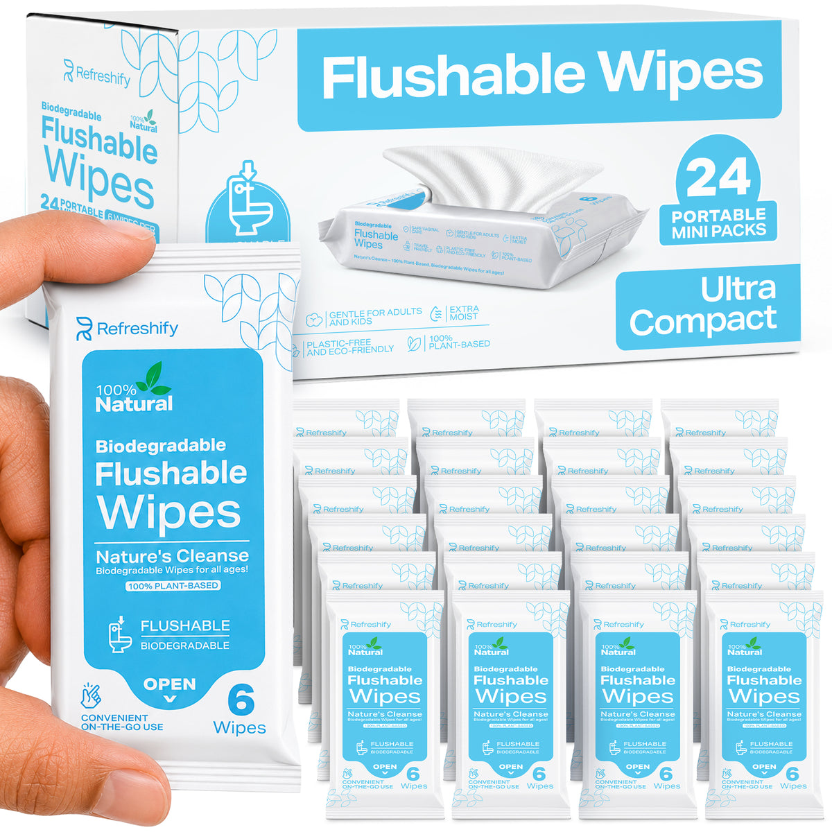 Refreshify Mini Flushable Travel Wipes – 144 Count, 24 Pocket Packs