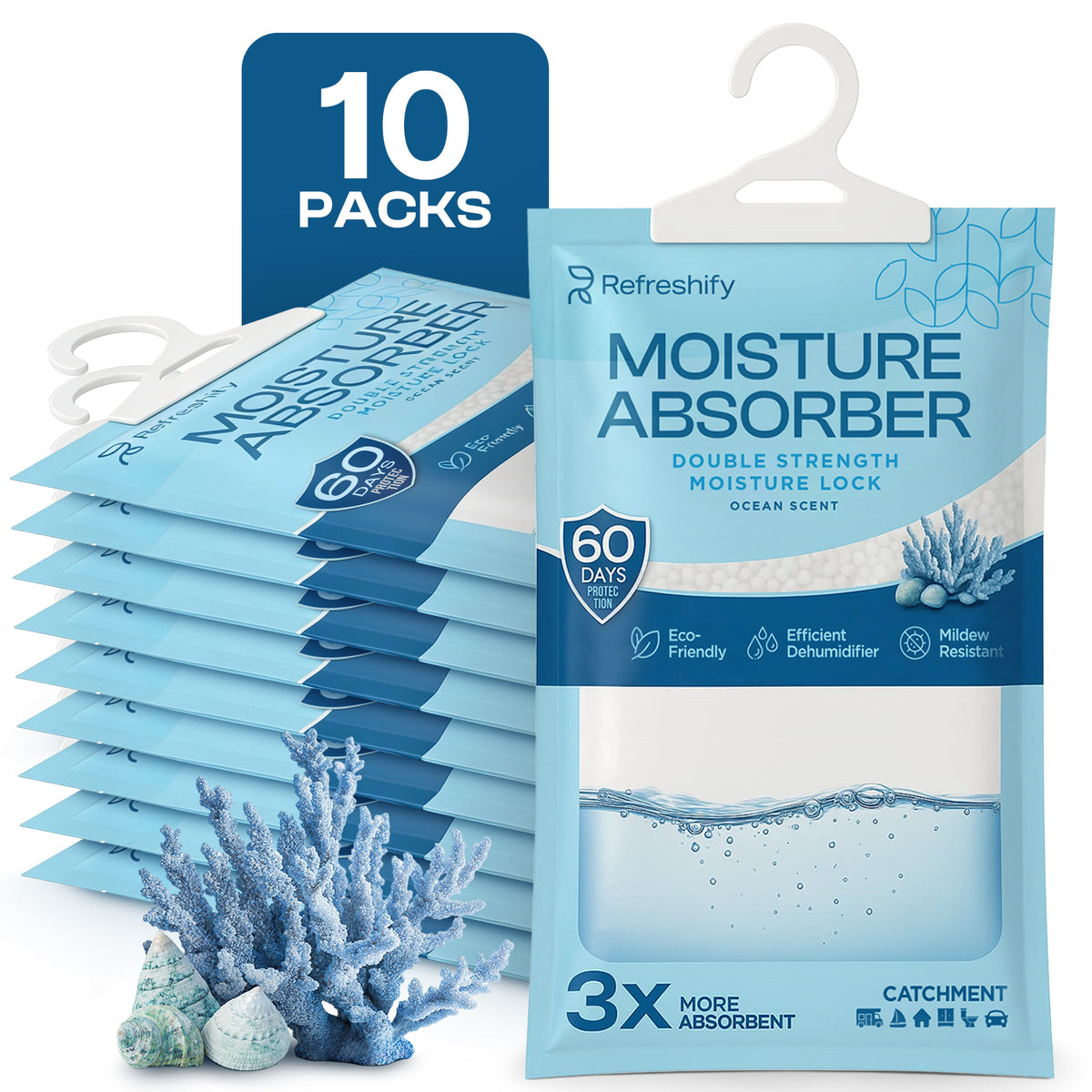Refreshify Ocean Scent Hanging Moisture Absorber Bags – 10 Pack